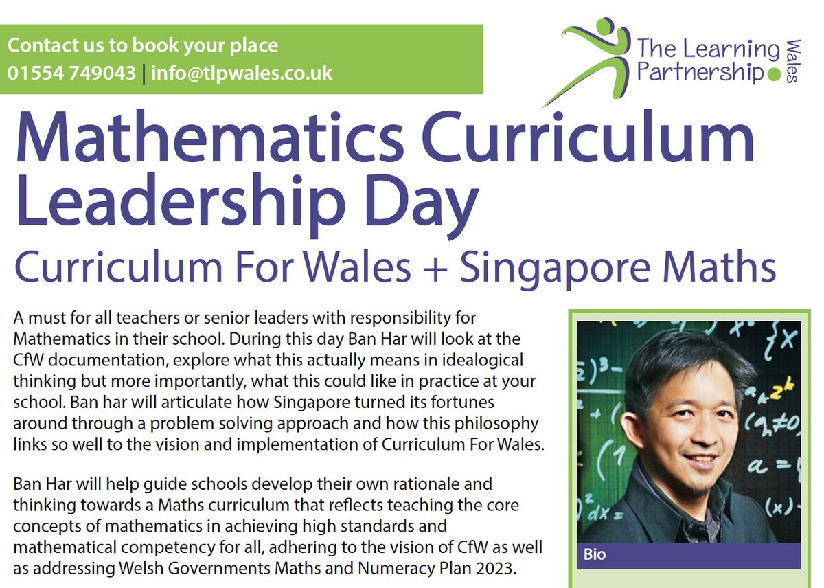 #Maths Leads, Curriculum Leads, a day not to be missed. <a href="/ban_har/">Yeap Ban Har</a> will look at the Maths documentation in CfW, WG's Numeracy Plan 2023 and how this influences learning through the lens of Singapore's approach to mathematical problem solving and competency. tlpwales.co.uk/mathematics-cu…