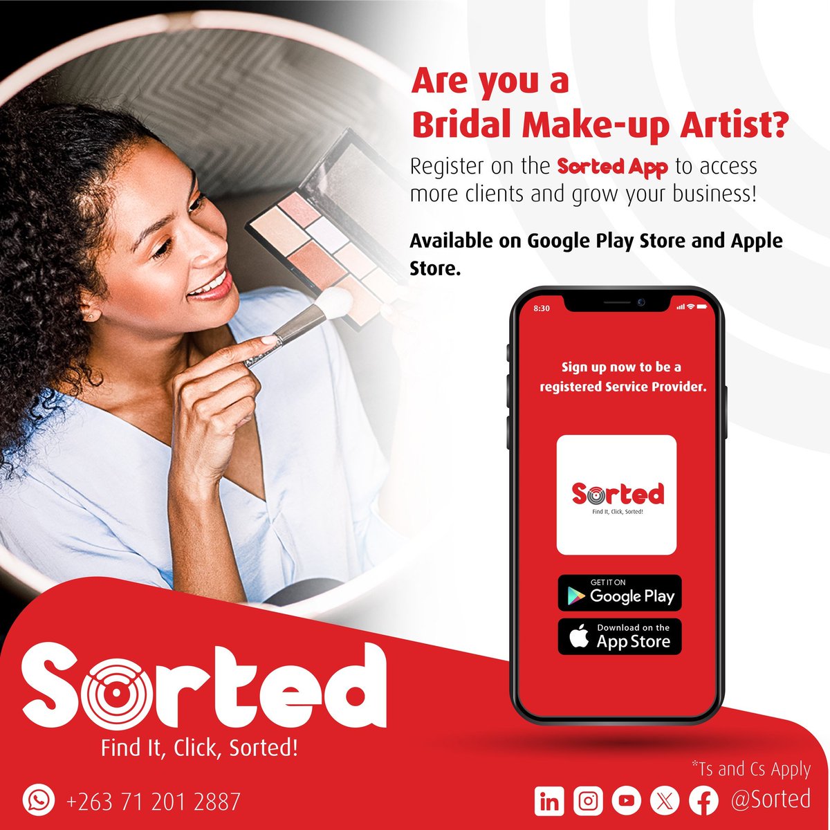 Do you offer bridal makeup services? Join Sorted Service Provider today and grow your business with us!

Download the app for;
Android play.google.com/store/apps/det…... or
iOS apps.apple.com/.../sorted-ser…
