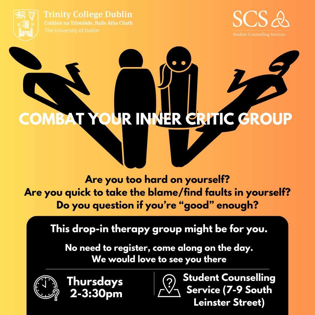 TCD_Headspace's tweet photo. Feeling overwhelmed by your inner critic? 🧠🔍 Join our 'Combat Your Inner Critic' group and together we'll tackle self-doubt, perfectionism, and impostor syndrome. Every Thursday at 2pm, let's empower ourselves and thrive! 

#TCD #trinitycollegedublin #studentlife #innercritic https://t.co/PxLElSwUQ9