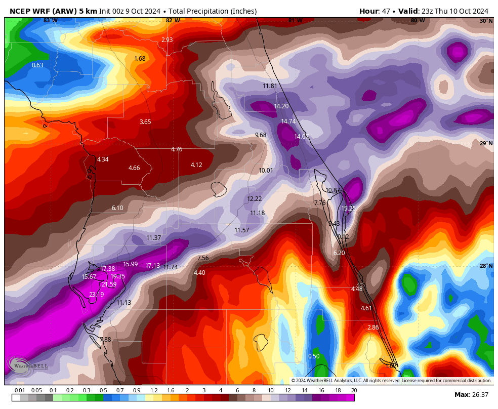BrooksWeather's tweet photo. Wed 10/9 4:00am -- Hurricane #Milton Update for Central Florida...   Landfall looks to be between 1am and 4am Thursday... for the Bradenton, St. Pete Beach, Tampa Bay region... If you've been ordered to evacuate on the Gulf Coast, you really should this time... I don't say that lightly. It's not too late, but will be after sunset today. 

The worst of the storm (the eye wall) and peak storm surge start moving in as early as Wednesday evening and night. This period of time late today will represent life-threatening conditions for Gulf coastal areas, with winds of 80-100 mph, 10-15 feet of deadly storm surge at the coast and flooding rains of over a foot. 

Meanwhile in Orlando, Kissimmee and Daytona, I want to reiterate that at the end of the day, this will be a FLOOD EVENT for a lot of our region starting in the wee hours of Thursday, when the most intense arrives with totals of 10"-19" in a stripe of intense precipitation along and north of the eyewall. As it travels up I-4 in the predawn hours Thursday, through midmorning Thursday, it'll likely induce flooding which will enter some homes and make travel quite hazardous with some impassable roads. This could rival Hurricane Ian (2022) flooding.

Even in inland Central Florida, it'll be windy as the then Cat 1 hurricane (weakening from Cat 3 at landfall) moves through. Winds in Orlando region between 60-80mph in gusts... Sustained at the open fields of our airport observation posts, closer to 30-50mph with gusts to 90 mph...  Tornado threat: Today between late-morning until the eye wall expect numerous tornado warnings in what will be brief tornadoes.  

**Timing FOR ORLANDO/KISSIMMEE**  

4am-Noon ... downpours slowly but surely develop and winds get a bit gusty to 35mph.  

Noon-6pm ... downpours and isolated tornadoes ... some spotty nuisance flooding... this is just the pre-saturation rain  

7pm- 11pm ... numerous areas of heavy rain and winds to 30-45 mph in a few gusts  

Midnight- 3am Thu ... winds start to pick up toward 3am as eye wall moves in from Bradenton ... about 100 miles away  

5am Thu - Noon Thu ... heaviest rain and acute flash flooding ... enters some homes... winds 40-65 mph. 

Noon Thu - 5pm ... after the worst rain, some hurricane-force gusts on backside of storm 75-80mph  Atlantic Beaches ... Storm surge kicks up tomorrow from late morning until sunset... 2-4ft rises, worst at high tide. Winds on backside of system north at 60-100 mph in gusts. HIGH TIDE TOMORROW ON ATLANTIC SIDE (during worst storm surge on Atlantic side) is 3pm Thursday, at Ponce Inlet...