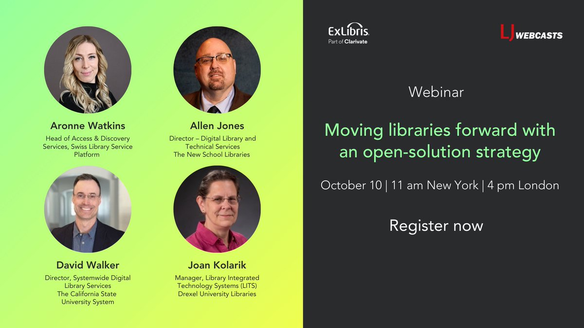 ProQuest's tweet image. Join your library peers to learn how to seamlessly integrate systems, engage communities and achieve more with your resources. #LibraryInnovation #LibraryJournal 

Register here: event.on24.com/wcc/r/4701608/…