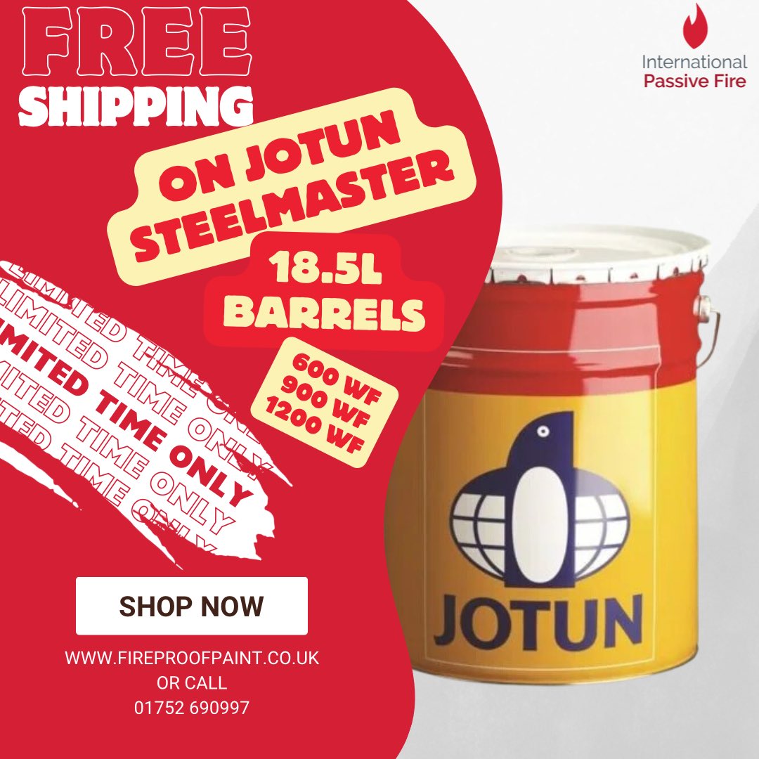 IntPassiveFire's tweet image. 🚚 Enjoy FREE SHIPPING on Jotun Steel Master 18.5L barrels in 600WF, 900WF, and 1200WF! Stock up now and save on premium protection for your steel surfaces. Limited time offer!

#FreeShipping #JotunSteelMaster #SteelProtection #IndustrialCoatings #SteelMaster #paint #Construction