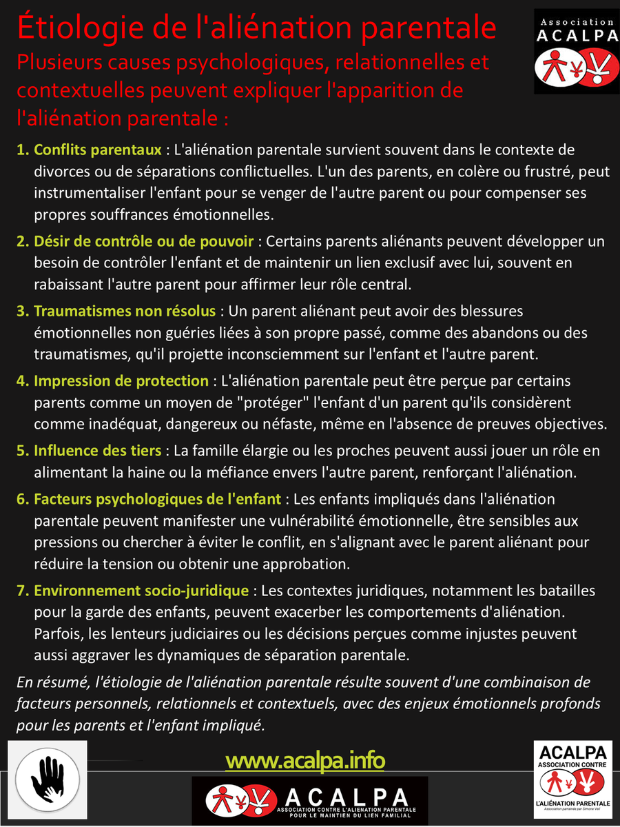 acalpa_asso's tweet image. L'aliénation parentale est un phénomène aux multiples causes : conflits parentaux, contrôle, traumatismes, influences extérieures...🧠💔
Découvrez les facteurs qui mènent à cette dynamique destructrice pour l'enfant et la famille. #AliénationParentale #ProtectionDeLEnfant #Psycho