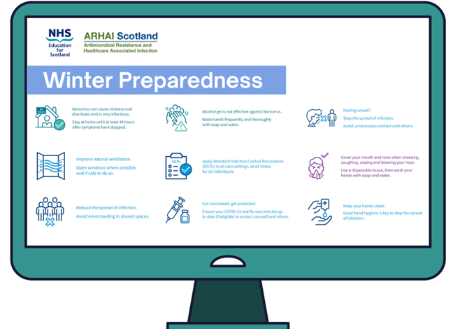 PSDScotland's tweet photo. 📢 our colleagues @NHSNSS ARHAI Scotland have teamed up with @NHS_Education to share key infection prevention and control messages this winter ❄️ Help spread the word and explore the winter preparedness toolkit available now 👇
https://t.co/UQ8LB5gsNw

#WinterPreparedness https://t.co/BWIodFqZEZ