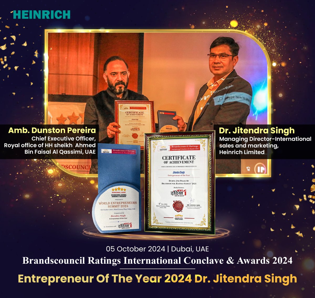 HEINRICHmarket's tweet photo. #Heinrich's visionary leader, Dr.Jitendra Singh has been honored as Entrepreneur of the Year 2024 at the Brandscouncil Ratings International Conclave &amp; Awards 2024 in Dubai🇦🇪. A huge thank you to Amb. Dunston P for presenting the award.

Learn more https://t.co/Ox6YyBxieG https://t.co/0XHvEJuKPf
