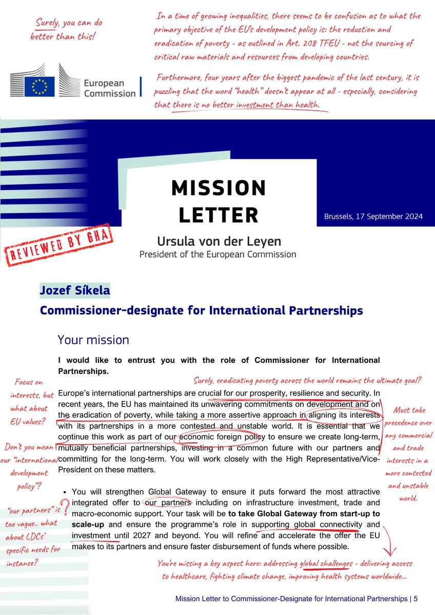 GHABrussels's tweet photo. #MustRead | We analysed the #mission letter sent to the Commissioner-designate for International Partnerships - here is our revised version 👉👉👉 https://t.co/oUhCHC89Yv

Worrying “development”:
❌ Raw materials and security are mentioned twice more than human development or poverty!
❌ Four years after a historic pandemic, we can find no mention of "health" at all!

Let’s get our priorities straight:
✅ The primary objective of the EU’s development policy is the reduction and eradication of poverty.
✅ Working towards more health equity across the world is a major topic for the next 5 years.
Remember, there is no better investment than health!