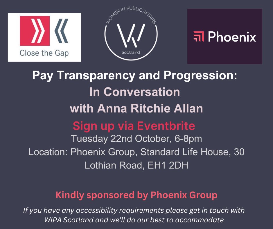 Are you joining us for our event with @msakrit Director of <a href="/closethepaygap/">Close the Gap</a> &amp; @wagstaff_ellie on pay transparency &amp; progression.

📅22nd October
⏲️6-8pm
🏢<a href="/PhoenixGroupUK/">Phoenix Group</a> offices, Edinburgh

A huge thanks to <a href="/PhoenixGroupUK/">Phoenix Group</a> for sponsoring! 

🎟️Tix &amp; info👉 eventbrite.co.uk/e/pay-transpar…