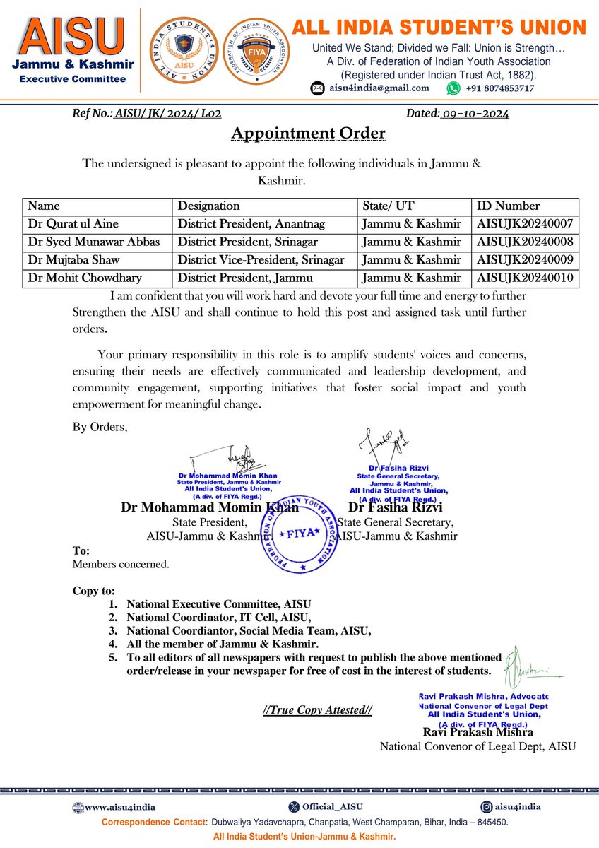 Congratulations to the newly Appointed members from Jammu and Kashmir.

We welcome you from the deepest recesses of our heart and special Thanks to our State President Dr Mohammad Momin Khan (@DrMomin05)