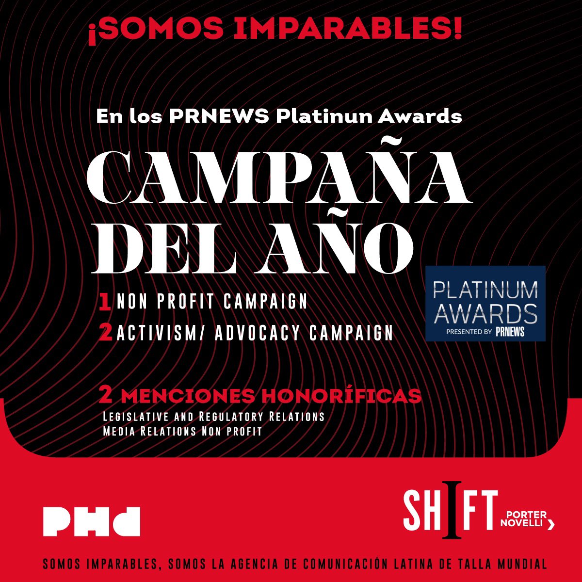 shiftlatampn's tweet photo. ¡Somos imparables! 🚀 Ganamos Campaña del Año en los PRNEWS Platinum Awards y 2 menciones honoríficas. La creatividad sigue siendo nuestro motor de cambio. 💡 #SomosImparables #CreatividadQueImpacta https://t.co/goK5430STp