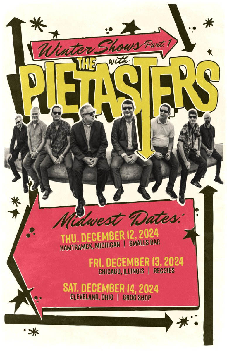 pietasters's tweet image. Hamtramck/Chicago/Cleveland!  We're coming for you Dec 12-14!
Tickets go on sale this Fri, Oct 11th.
Thu, Dec 12 - @SmallsBar 
Fri, Dec 13 - @reggieslive 
Fri Dec 14 - @thegrogshop 
Thanks to Krees Borbon for the killer artwork!
#pietasters #smallsbar #reggieslive #thegrogshop