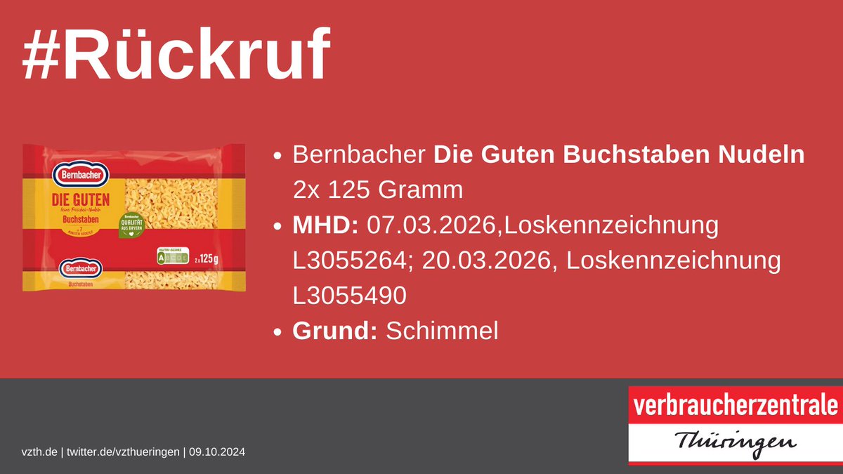‼️#Rückruf: Bernbacher Die Guten Buchstaben Nudeln, 2x 125 Gramm, MHD: 7.3.26 und 20.3.26, Grund: Schimmel, 
Alle Infos 👉lebensmittelwarnung.de/___lebensmitte…