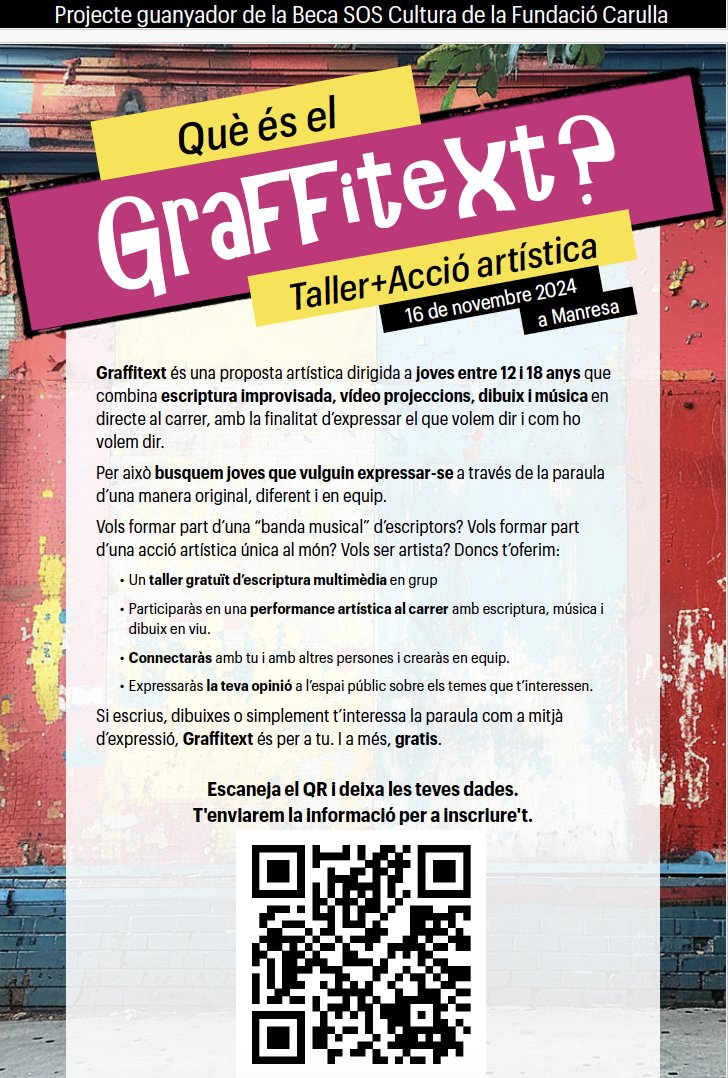 🟢 Presentem la primera activitat de formació literària dels Premis 2025!

✍️👩‍💻 GRAFFITEXT, taller d'escriptura multimèdia
Per a joves de 12 a 18 anys
📅 16/11
📍 Manresa

GRATUÏT!

COMPARTIU-LA perquè arribi a molts joves, si us plau! 🔄

Inscripcions 👇
docs.google.com/forms/d/e/1FAI…