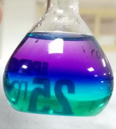 Al leer este hilo me acordé de una foto de las prácticas de coordinación. Aquí en verde el sulfato de níquel(II) hexahidratado sobre el que se fue añadiendo muy despacito etilendiamina formándose los distintos complejos con estos colores tan chulos.