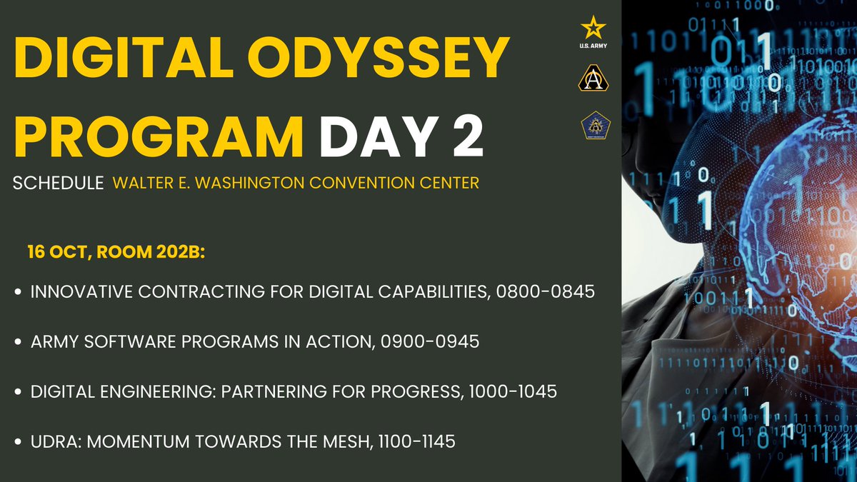 ArmyASAALT's tweet image. DAY 2 of the Digital Odyssey Program will be held, 1 WEEK FROM TODAY.

#DigitalEngineering #DigitalTwin #ArmyModernization #UDRA #DataMesh #MOSA #Agile #ArmySoftwareDirective #ArmySoftwareDirective #ModernSoftwarePractices #SoftwareAcquisition, #CollaborationSparksInnovation