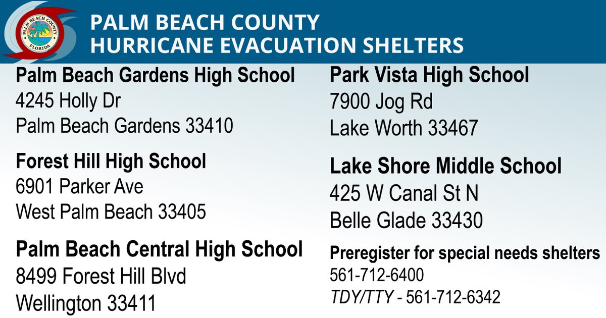 🚨 Evacuation Shelter Openings 🚨

For your safety, Palm Beach County will open five general evacuation shelters today at 12 PM, and our special needs shelter will be open starting at 10 AM. ⏰