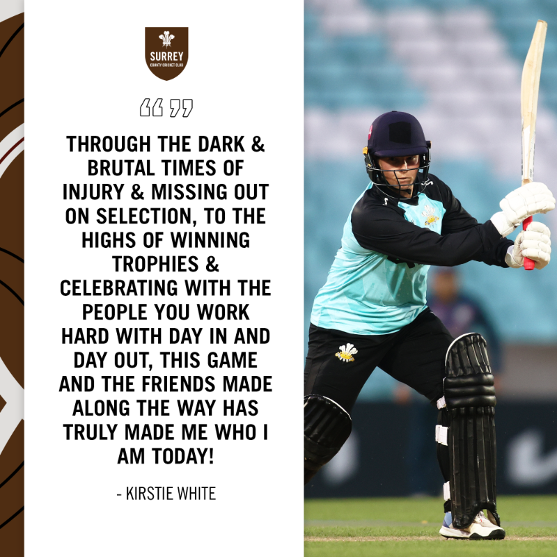 surreycricket's tweet photo. Surrey &amp; @SEStarsCricket batter Kirstie White has decided to retire from the game. 🪶

Kirstie made over 100 apperances for the Three Feathers &amp; was awarded the Surrey Gold Cap in 2022. 🧢

Thank you for your incredible contribution to Surrey Cricket! 🫶

🤎 | #SurreyCricket