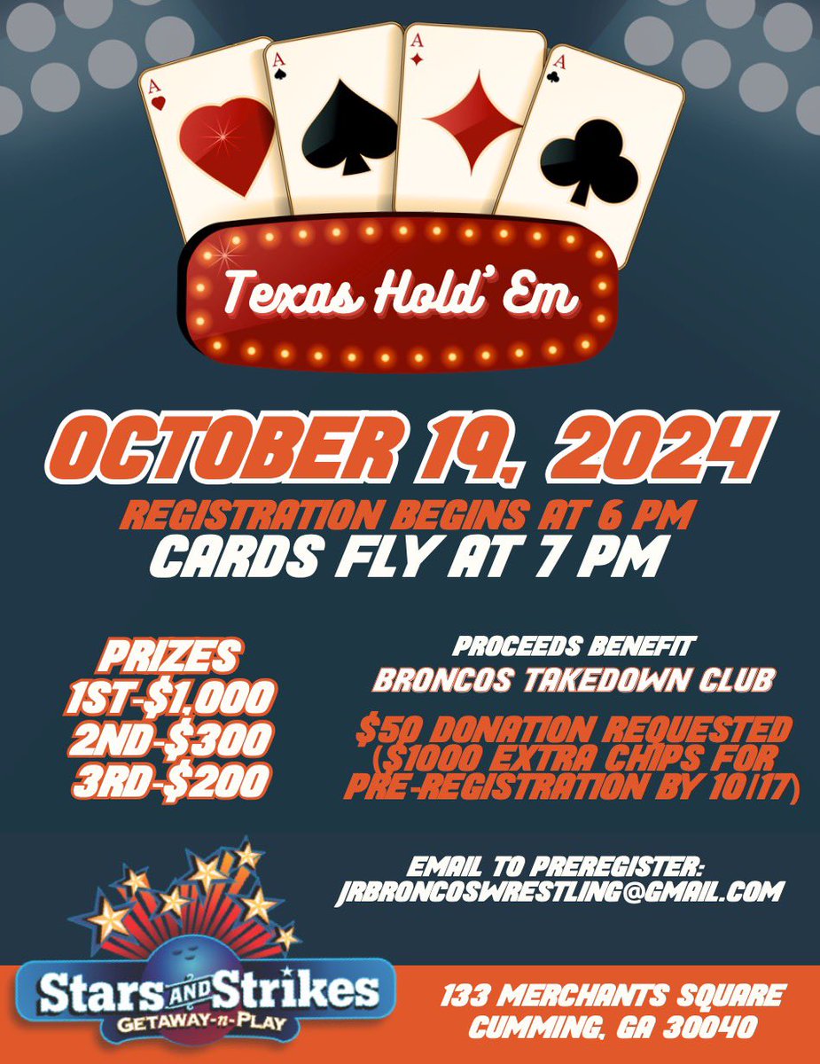 Please share!

October 19th at Stars and Strikes!

All proceeds benefit the Broncos Takedown Club!

Email JrBroncosWrestling@gmail.com to pre-register!