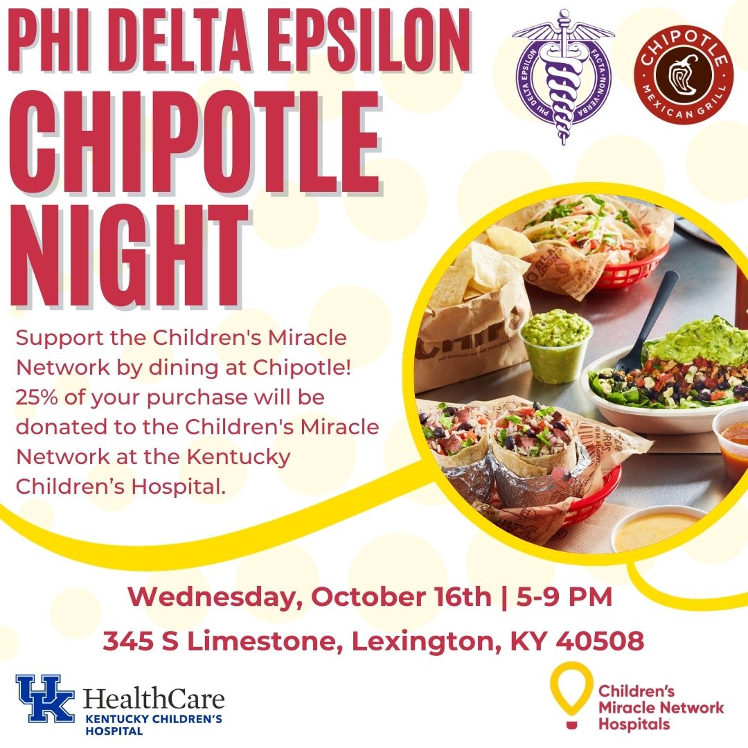 CMNKentucky's tweet image. Join us at Chipotle on October 16th to support Phi Delta Epsilon KY Gamma Chapter and the @CMNHospitals!  25% of your purchase will be donated to help the kids at @KCHKids. Hope to see you there! 🌯 #CMNKY #PHIDE

Chipotle Location: 345 S Limestone | Lexington, KY 40508