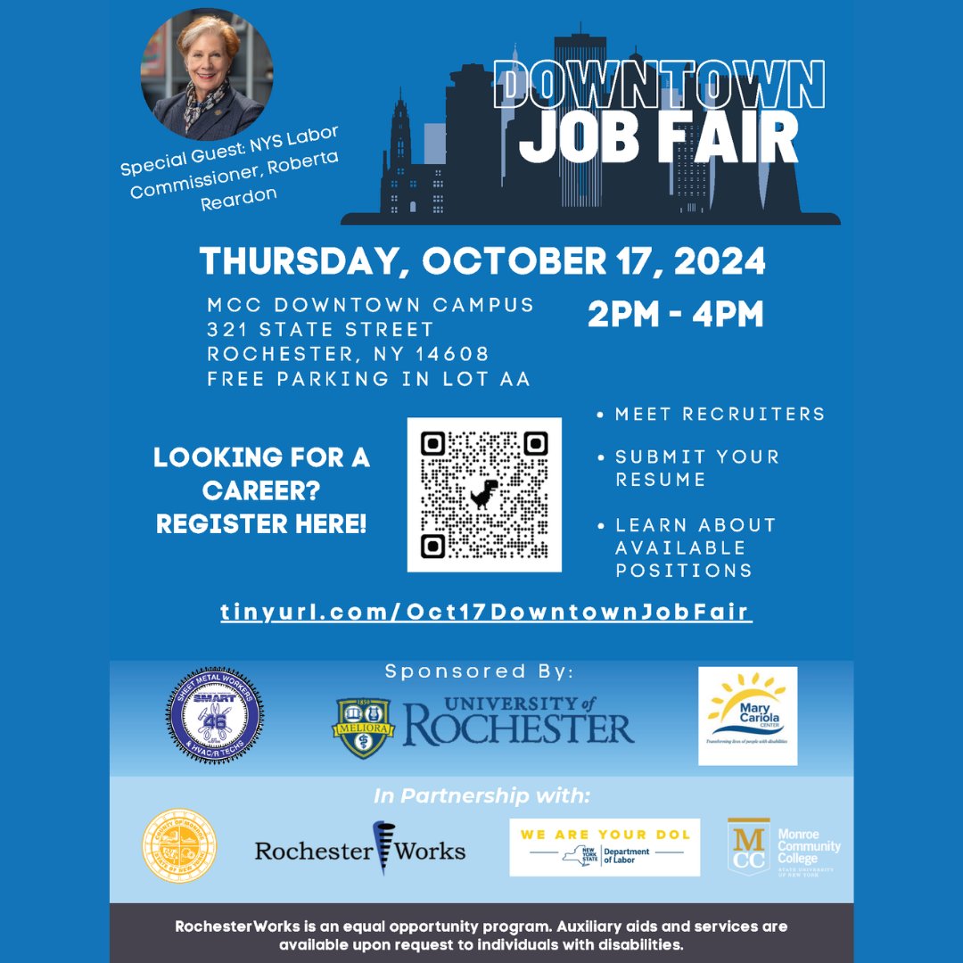 CALLING ALL JOBSEEKERS! Mark your calendars! RWs is partnering with Monroe County, MCC, and NYSDOL Commissioner Roberta Reardon to host our next Downtown Job Fair scheduled for October 17th from 2 PM - 4 PM at the MCC Downtown Campus.

Register:tinyurl.com/Oct17DowntownJ…