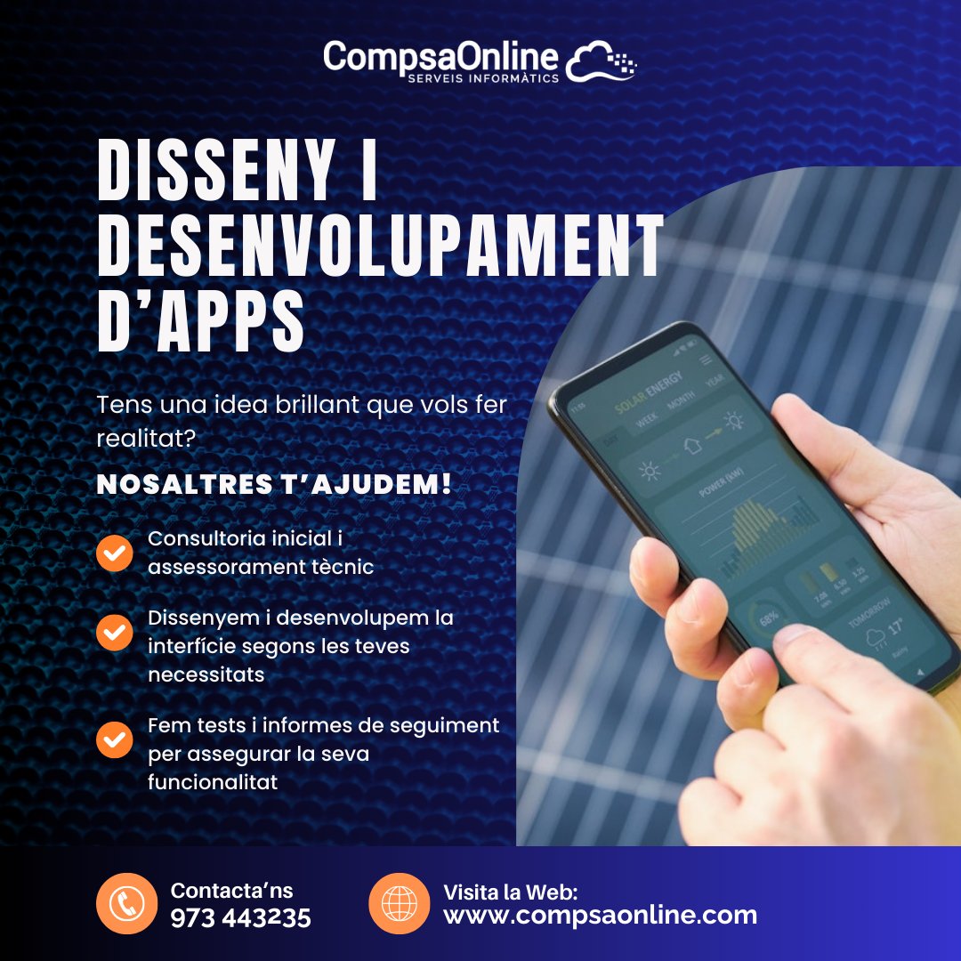 Tens una idea brillant per a una app? Fem-la realitat! 🚀
No deixis que la teva idea es quedi només al teu cap! Estem aquí per ajudar-te sense cap compromís.
🌐 📞 Més info a compsaonline.com o trucant-nos al 973 44 32 35.