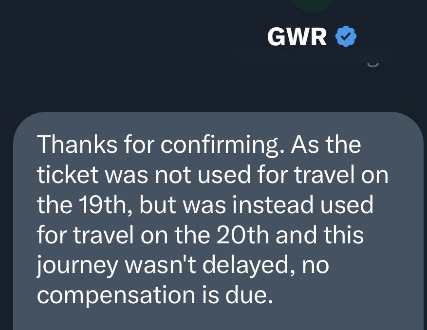James_Mech_Eng's tweet photo. @GWRHelp cancelled 7 trains in a row meaning I had to travel the following day after waiting 3 hours at Paddington. This is their response to denying me any sort of refund. 

@RailOmbudsman are you able to remediate this mind blowing incompetence? https://t.co/BnH8YEbWtt
