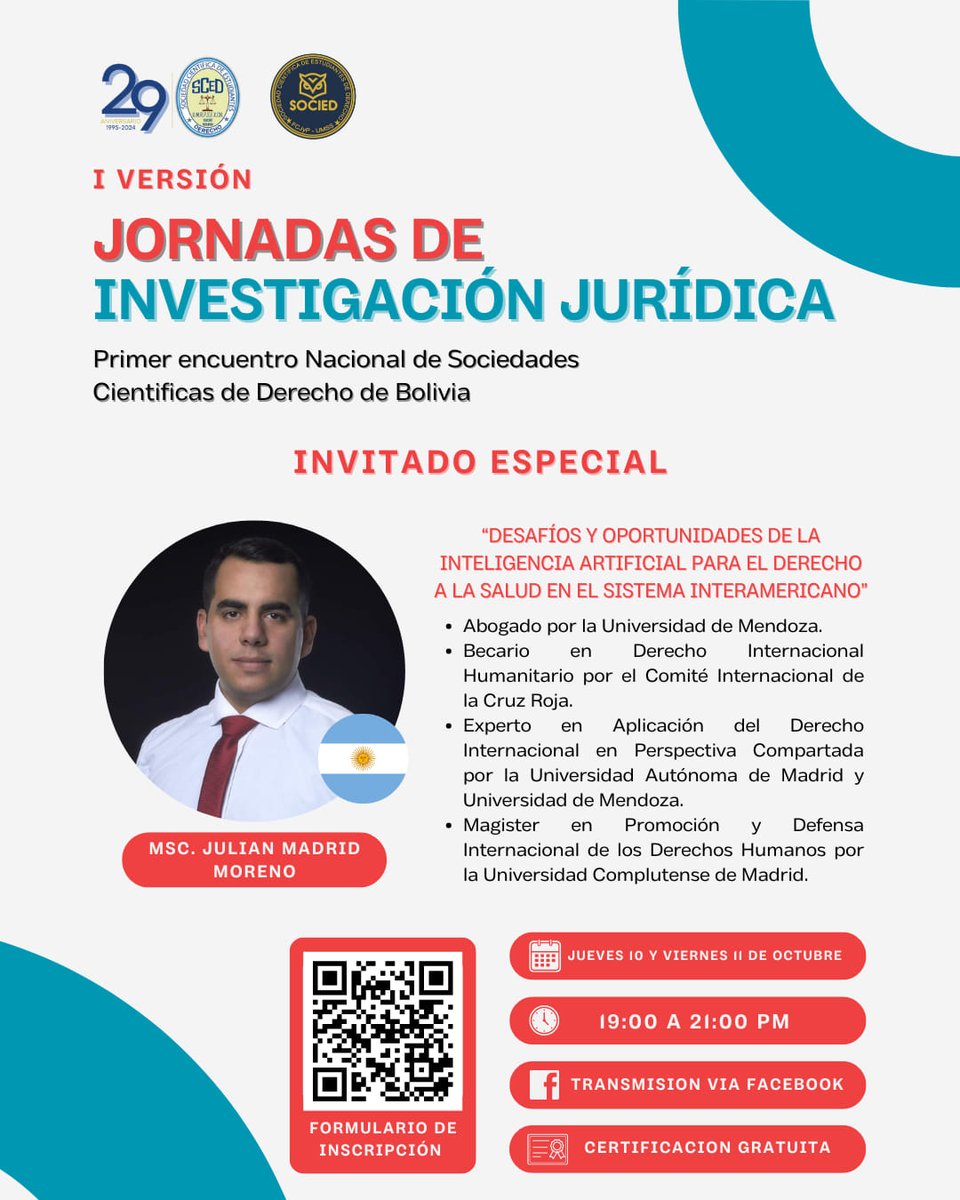 🎓 ¡Emocionado de participar como ponente en las 𝐈 𝐉𝐨𝐫𝐧𝐚𝐝𝐚𝐬 𝐝𝐞 𝐈𝐧𝐯𝐞𝐬𝐭𝐢𝐠𝐚𝐜𝐢𝐨́𝐧 𝐉𝐮𝐫𝐢́𝐝𝐢𝐜𝐚, organizadas por la SCED-USFX y SOCIED-UMSS! 🗓️ 10 y 11 de octubre, 19:00 a 21:00 (virtual). Certificación gratuita.
📝 Inscríbete: forms.gle/cucet4Ybwuv3Mh…
