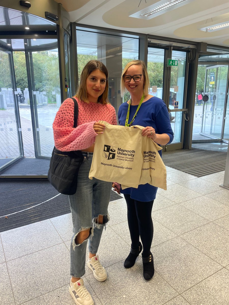 library_MU's tweet photo. Maynooth Library was delighted to welcome Ciaran Sinclair 2nd year Arts (History & Philosophy) and Shannon Cox 1st year Law & Criminology as the first students through our new doors. These new doors are automated, so no need to push through anymore. #LibraryRefurb https://t.co/1Es86kHYYj