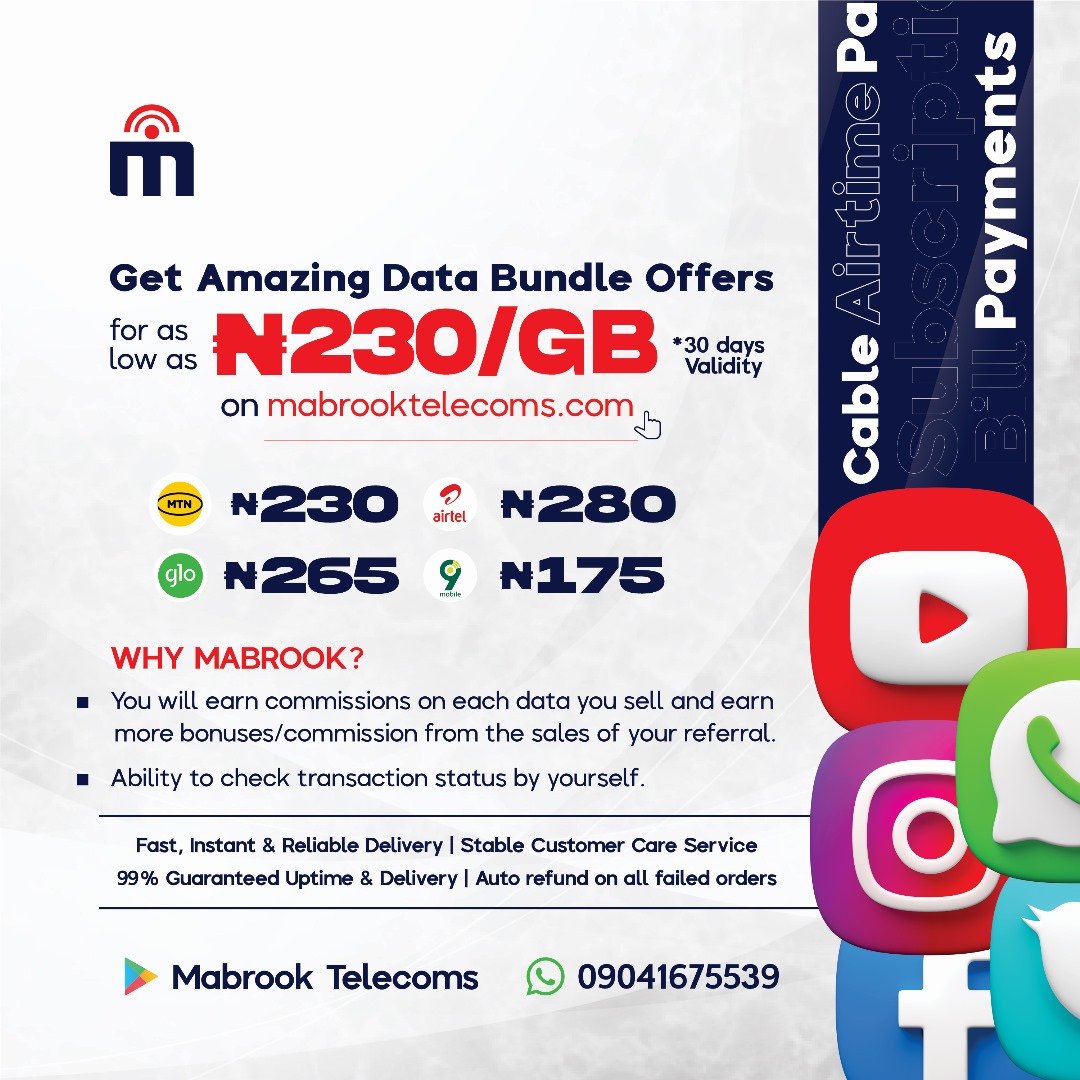 mabrooktelecom's tweet image. 🚀 Get the BEST Deals at Mabrook Telecoms!🔥

Top up your data, airtime, and pay bills at unbeatable prices! 📱💡  

Download the app today: play.google.com/store/apps/det…

Visit us: mabrooktelecoms.com

#DataDeals #nnpc #TopUpSmart #NigeriaNews
