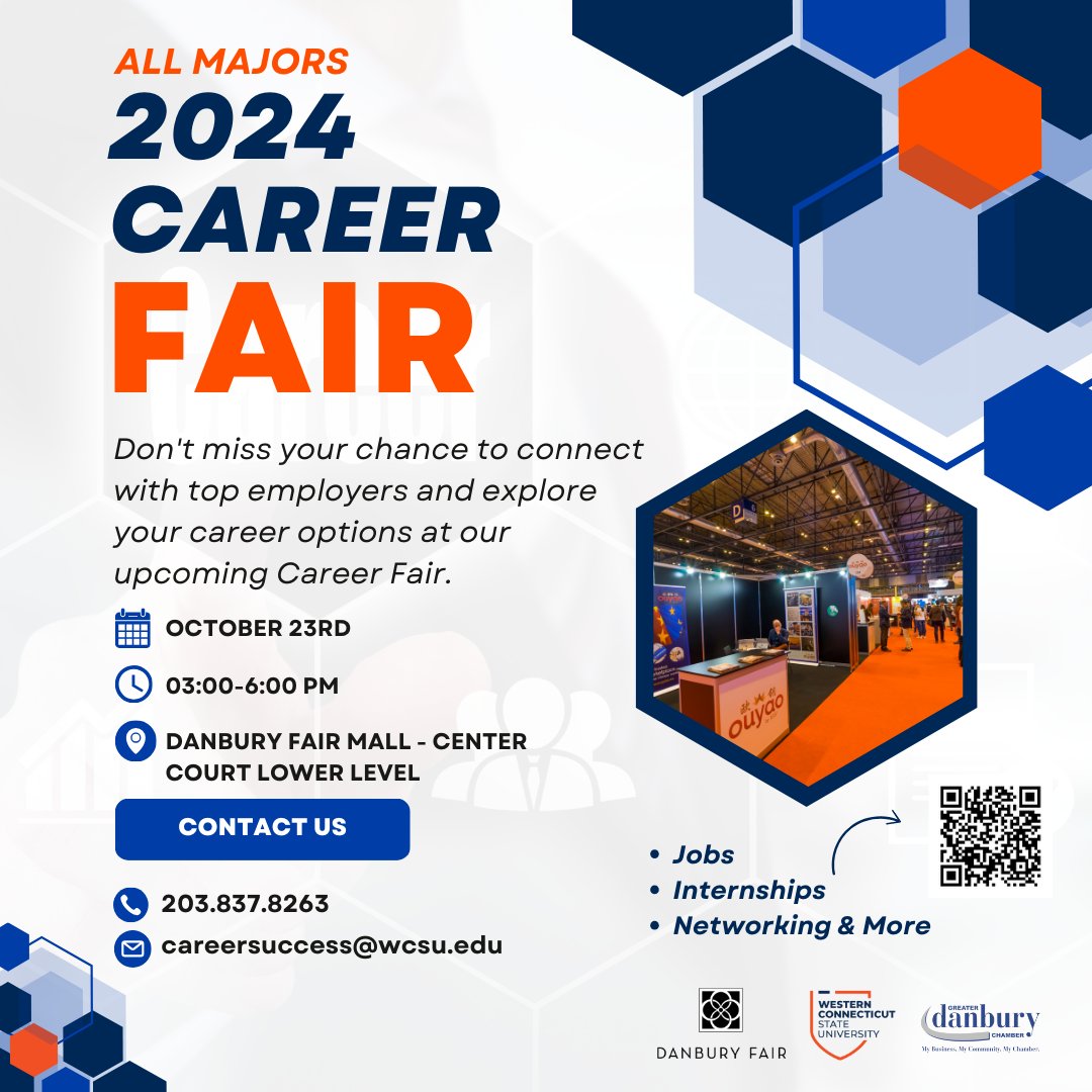 Don’t miss out! Join us at the Career Fair on October 23rd from 3 to 6 PM at the Danbury Fair Mall, Lower Level. Open to all majors—this is your chance to network, explore internships, and land jobs! 💼✨
 #CareerFair #NetworkingOpportunity #FutureReady #WCSU