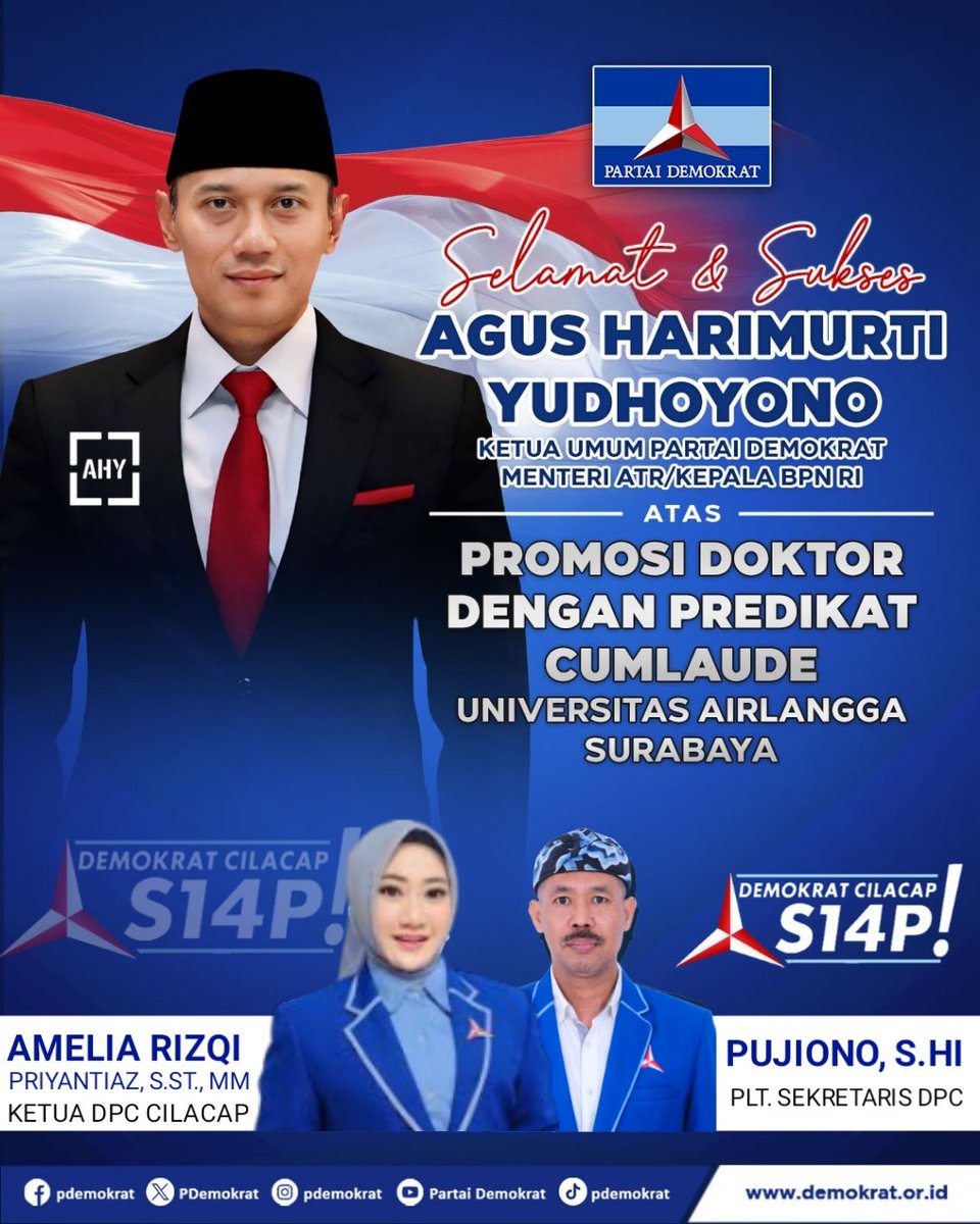 BAKOMSTRACAB's tweet photo. Selamat dan Sukses untuk Ketum @PDemokrat Menteri @atrbpn Mas AHY atas Kelulusan Sidang Terbuka Promosi Doktor di UNAIR Surabaya.

Lanjutkan Pembangunan Tingkatkan Kesejahteraan 

Bangga Punya Ketum AHY https://t.co/Vr9DYBiira
