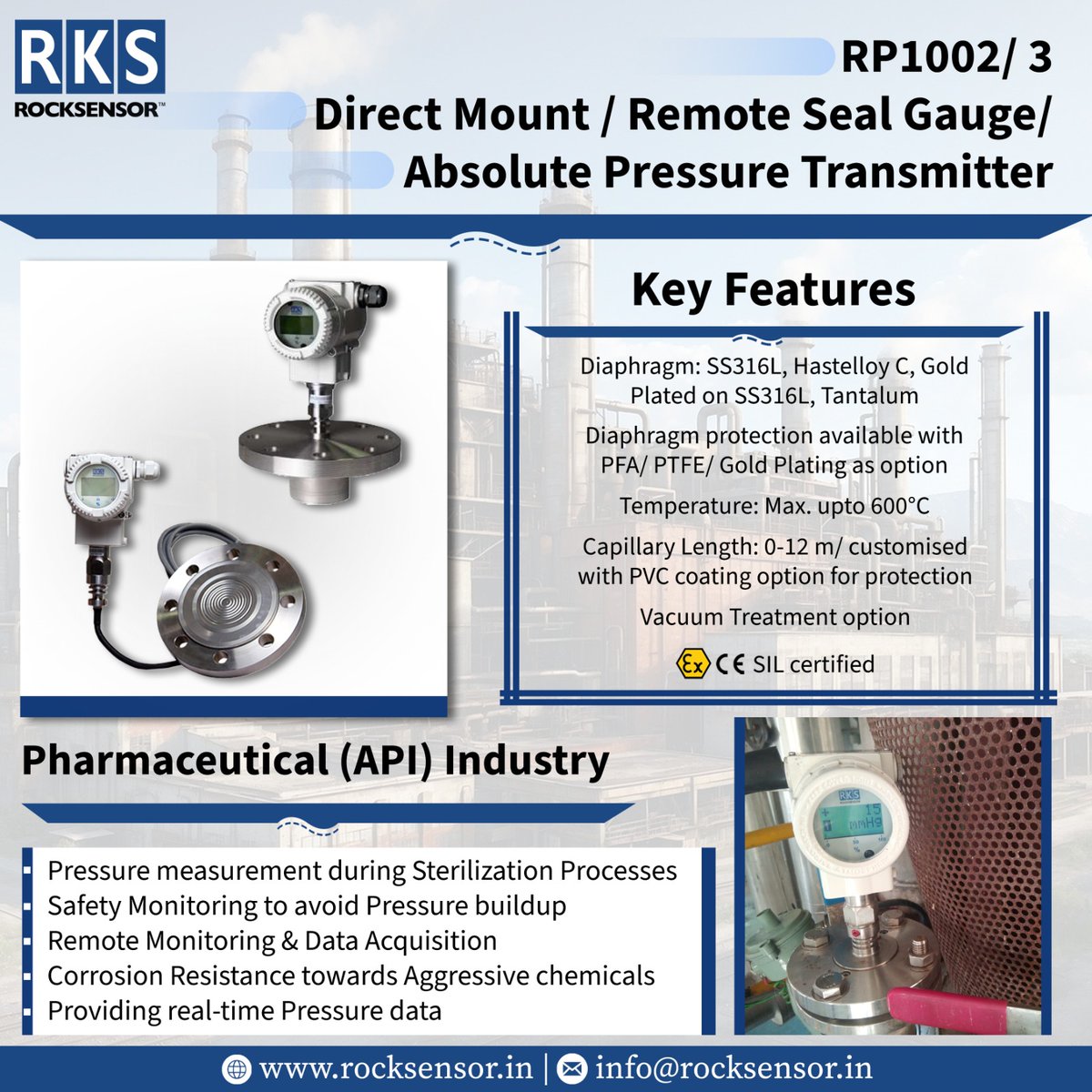rocksensor_ind's tweet image. 🔍 Unlock precision in your #pharmaceutical processes with the RP1002/3 Remote Seal Gauge/ Absolute #PressureTransmitter