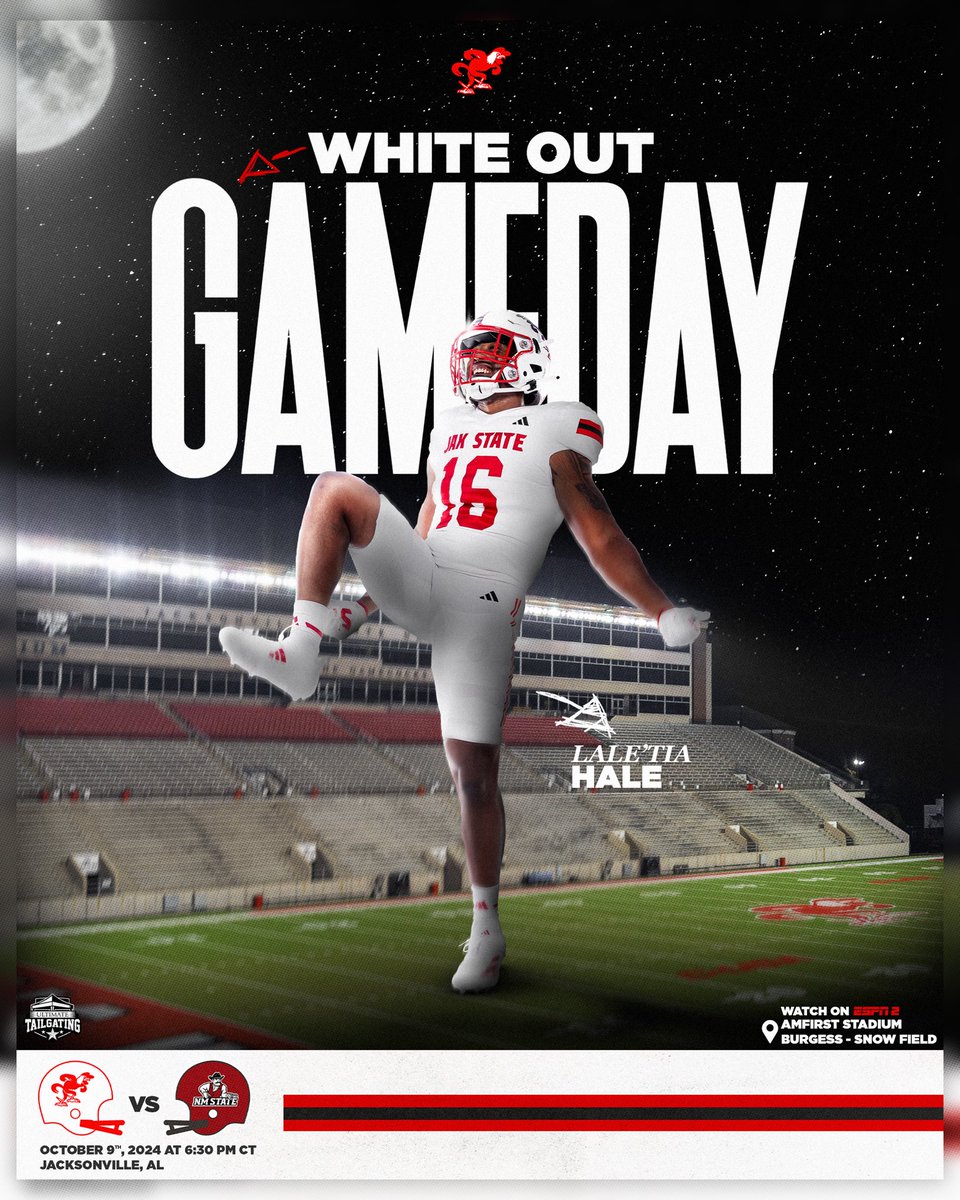 Jax State Football (@jaxstatefb) on Twitter photo โช๏ธ ๐ฐ๐ป โ๐บ ๐ฎ๐จ๐ด๐ฌ๐ซ๐จ๐ โช
๐ New Mexico State
โฐ Tonight at 6:30 PM CT
๐๏ธ Burgess-Snow Field at AmFirst Stadium
๐ Jacksonville, Alabama
๐๏ธ >>>>x.gd/w3LV7
๐บ ESPN2
โฌ๏ธWear White!
โซ๏ธFirst 500 students will receive a free T-shirt!
#HardEdge | #EarnSuccess โช๏ธ ๐ฐ๐ป โ๐บ ๐ฎ๐จ๐ด๐ฌ๐ซ๐จ๐ โช
๐ New Mexico State
โฐ Tonight at 6:30 PM CT
๐๏ธ Burgess-Snow Field at AmFirst Stadium
๐ Jacksonville, Alabama
๐๏ธ >>>>x.gd/w3LV7
๐บ ESPN2
โฌ๏ธWear White!
โซ๏ธFirst 500 students will receive a free T-shirt!
#HardEdge | #EarnSuccess