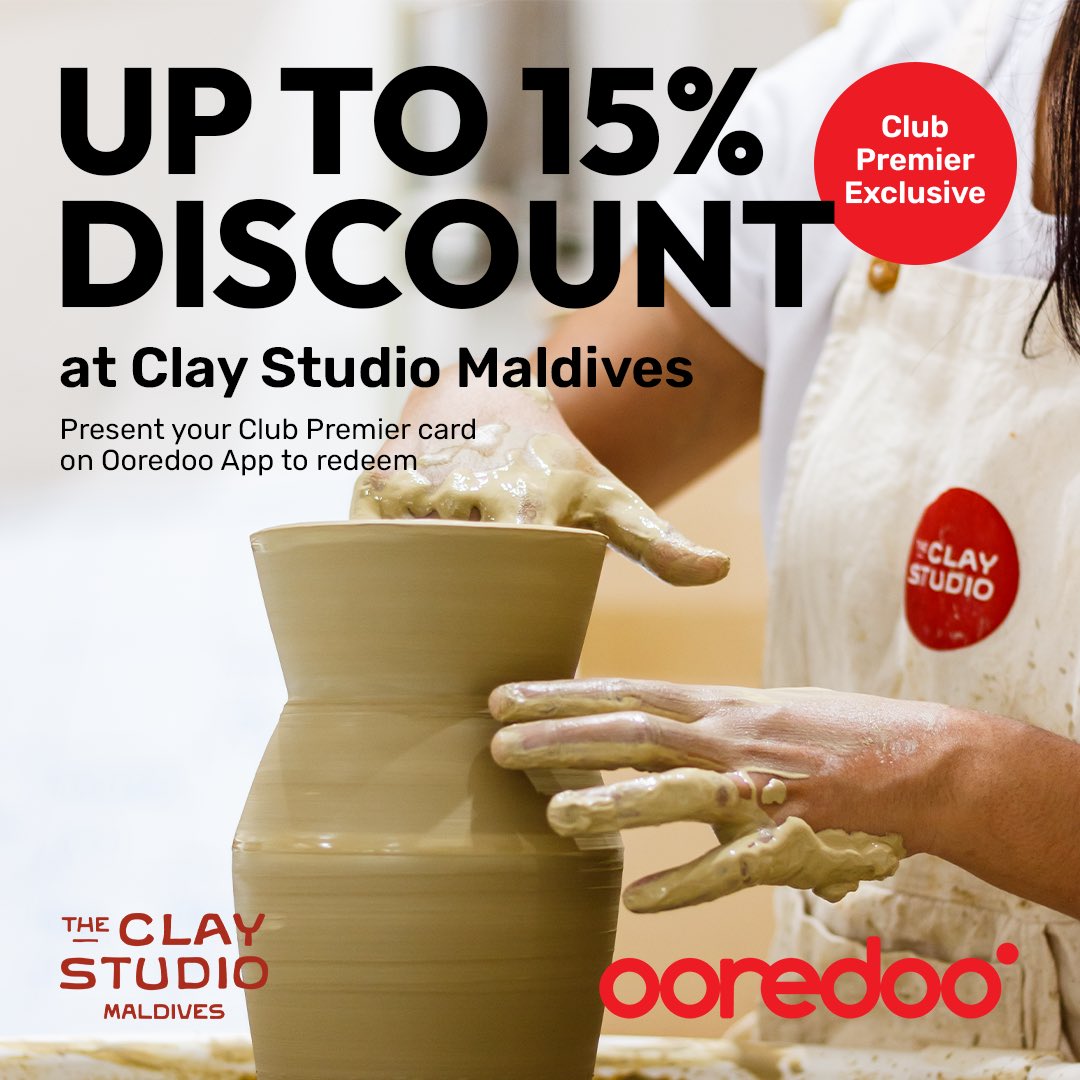 ✨#OoredooClubPremier Exclusive Offer✨

Discover the art of handcrafted ceramics at <a href="/claystudiomv/">The Clay Studio Maldives</a> and enjoy up to 15% discount!  

Show your Club Premier card on Ooredoo App to redeem!