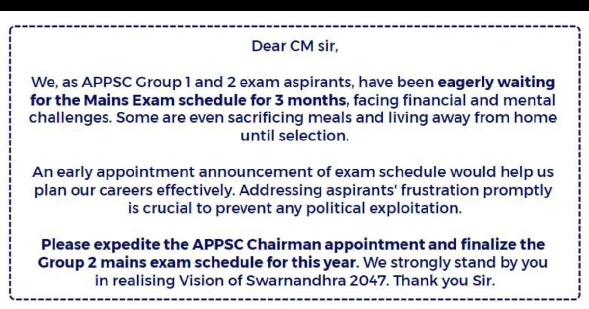IndraNeel_28's tweet photo. Dear CM sir, Please do the needful!! Please appointment the Appsc chairman and give dates for the examinations!
@ncbn @naralokesh @Pawankalyan @APDeputyCMO @PurandeswariBJP

#APPSC #Group2
#Appoint_APPSC_Chairman
#AppointAPPSCchairman https://t.co/NWPUhgsVBJ