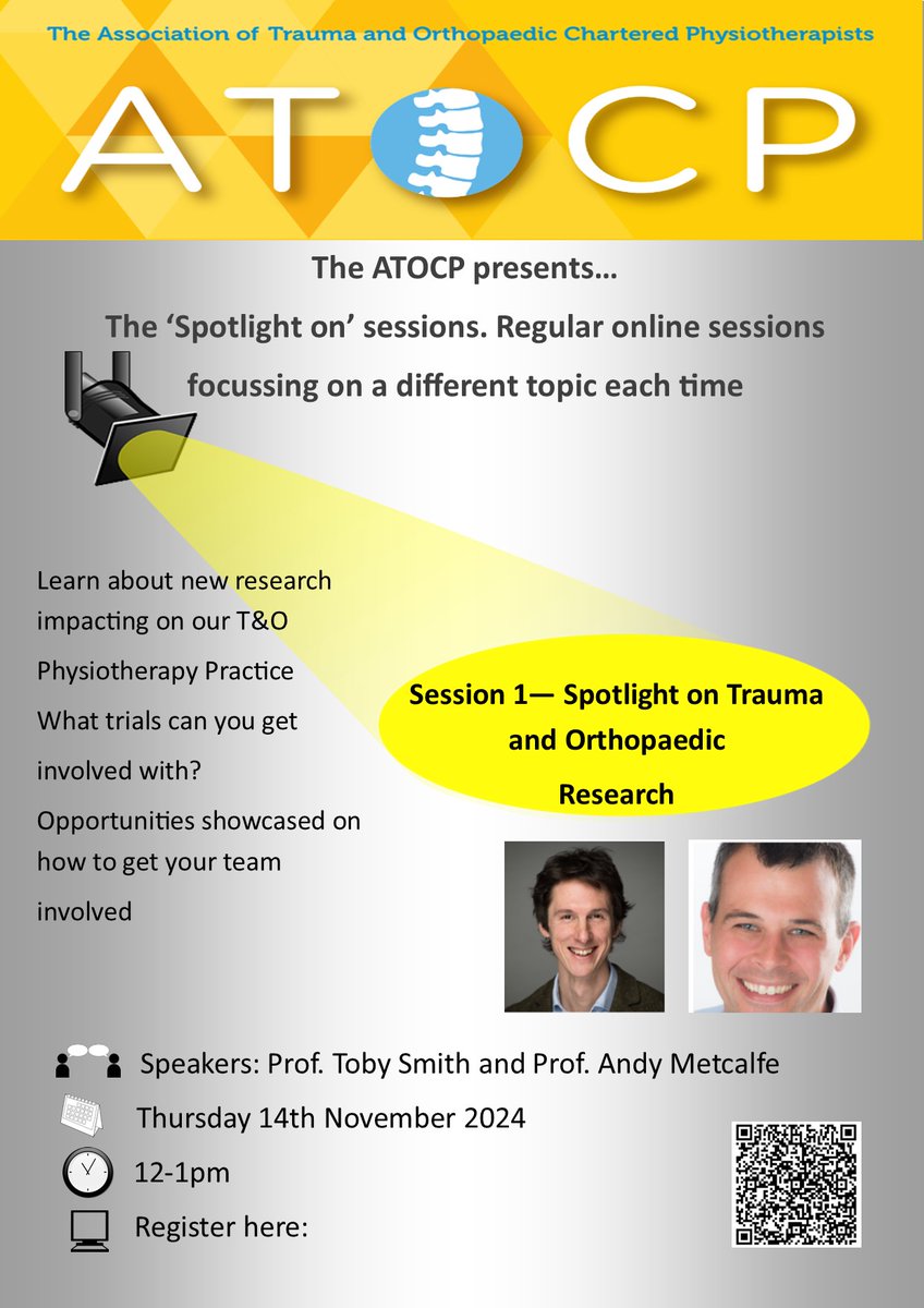 ATOCP Physio (@physioatocp) on Twitter photo We're happy to launch our 'Spotlight on' series- online learning and networking sessions starting with Spotlight on Trauma and Orthopaedic Research with <a href="/TobyOSmith/">Toby Smith</a> and <a href="/AndyMetOrtho/">Andy Metcalfe</a>. Thursday 14th Nov 12-1pm. For details and how to register, see below 👇 We're happy to launch our 'Spotlight on' series- online learning and networking sessions starting with Spotlight on Trauma and Orthopaedic Research with <a href="/TobyOSmith/">Toby Smith</a> and <a href="/AndyMetOrtho/">Andy Metcalfe</a>. Thursday 14th Nov 12-1pm. For details and how to register, see below 👇