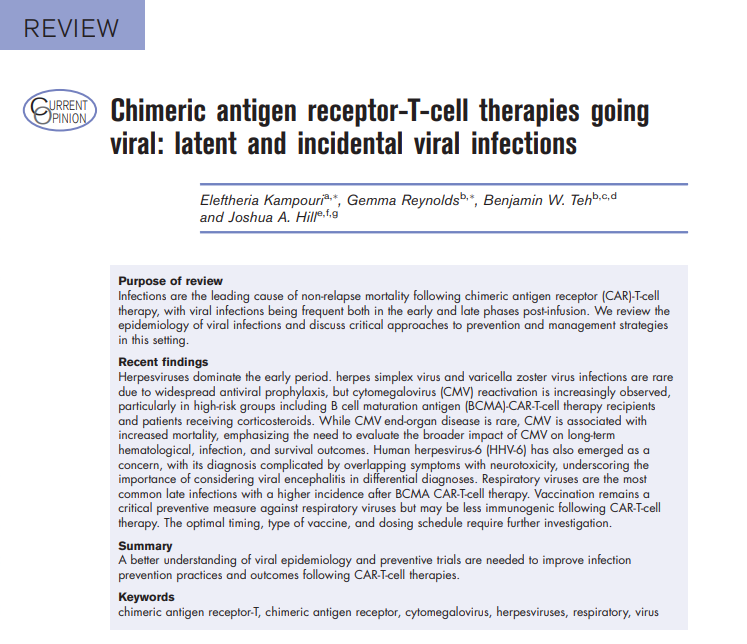 TakaMatsuo_ID's tweet photo. 【Chimeric antigen receptor-T-cell therapies going viral: latent and incidental viral infections】Curr Opin Infect Dis, Oct 5 2024

👉Congrats, Erika @ErikaKampouri @fredhutch @unil🎉

👉Comprehensive review on the epidemiology of viral infections and critical approaches to prevention and management strategies following CAR-T-cell therapies!

https://t.co/y9UMeDUshe

#TxID @JoshuaHillMD
