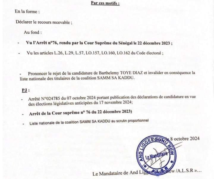 Diery Diagne📷 (@fatoudiery) on Twitter photo Attention, le #conseilconstitutionnel n’a pas encore rendu sa décision dans l’affaire #Barth.
Cette coupure de document vient du dossier de recours du mandataire de la coalition l’ayant requis.
La signature avait été rognée, source de l’infox.
#soleilcheck
<a href="/AminatyMFF/">Mrs Faye 🇸🇳🇺🇸</a> Attention, le #conseilconstitutionnel n’a pas encore rendu sa décision dans l’affaire #Barth.
Cette coupure de document vient du dossier de recours du mandataire de la coalition l’ayant requis.
La signature avait été rognée, source de l’infox.
#soleilcheck
<a href="/AminatyMFF/">Mrs Faye 🇸🇳🇺🇸</a>