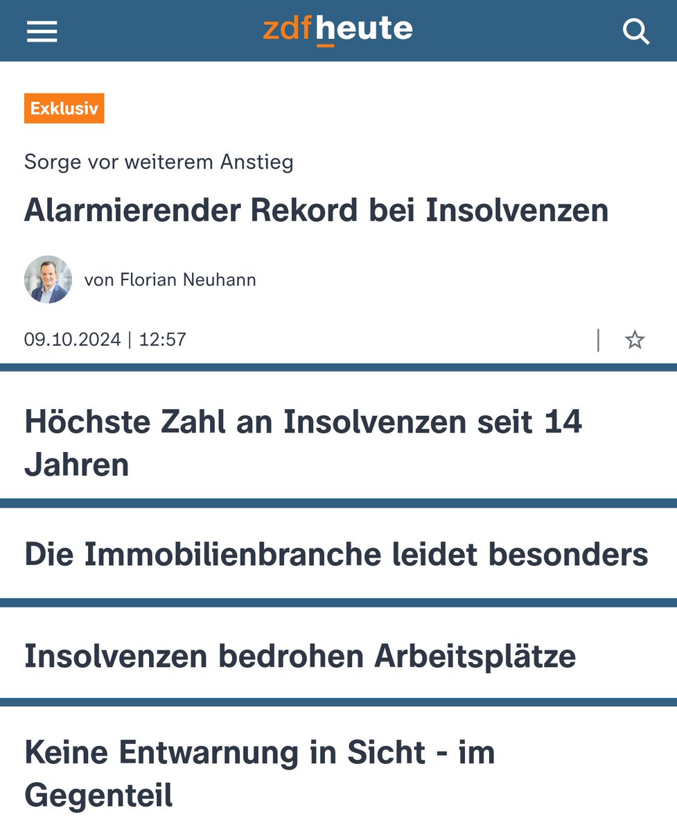 „Die Zahl der Firmenpleiten ist im dritten Quartal dieses Jahres erneut deutlich angestiegen - und lag damit so hoch wie seit der Finanzkrise 2010 nicht mehr.“

zdf.de/nachrichten/wi…