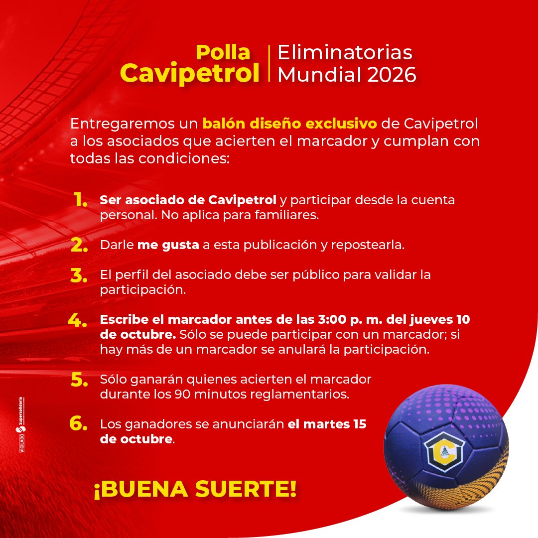 ¡⚽️Únete a la emoción de las eliminatorias para el Mundial 2026! 🏆 Participa en la #PollaCavipetrol y demuestra que eres el mejor pronosticador. 

Haz tus apuestas y vive la pasión del fútbol al máximo.

💛Recuerda seguir todas las condiciones para participar.
