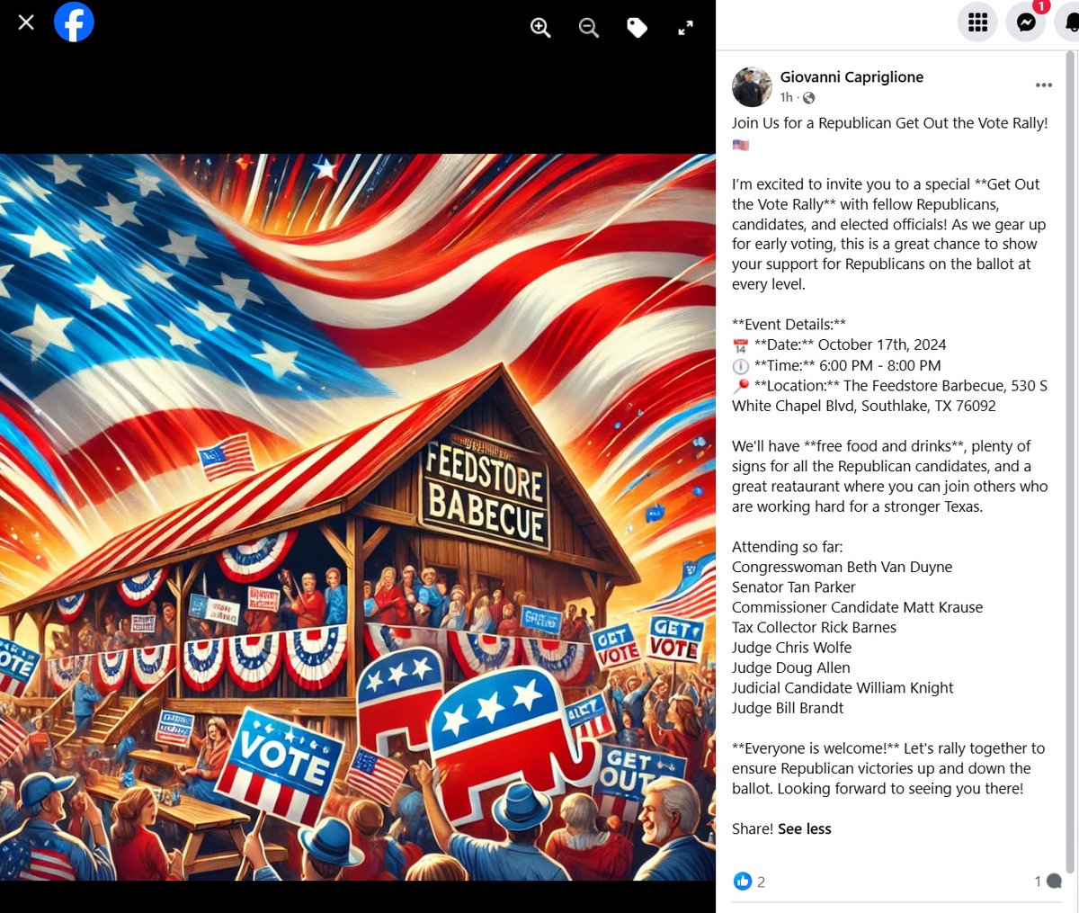 does one need to bring cash to this "babecue" gotv event?  What kind of an event IS this, <a href="/VoteGiovanni/">Giovanni Capriglione</a> ?  Sorry, I'll pass.  <a href="/Southlake4All/">Southlake Together</a> <a href="/SouthlakeARC/">Southlake Anti-Racism Coalition</a> <a href="/LedSouthlake/">LED Southlake</a> <a href="/TarrantDemParty/">Tarrant County Democratic Party</a>