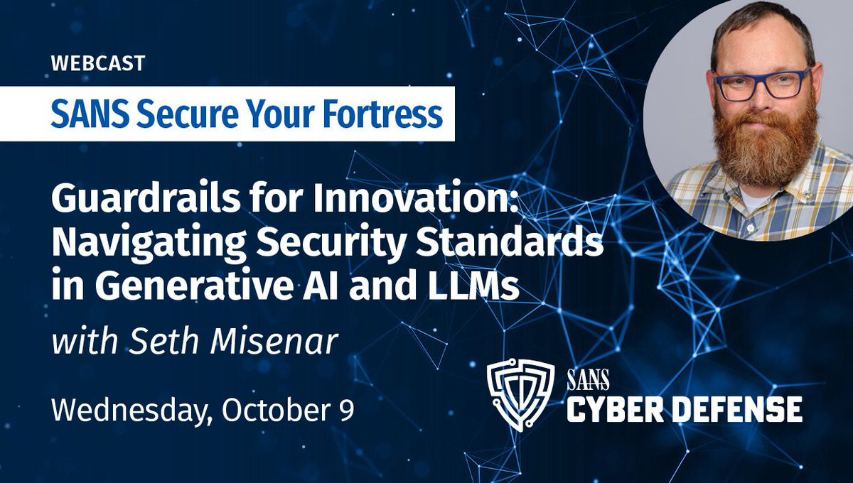 Starting now at #SecureYourFortress 🤖

Learn how frameworks like the EU AI Act, NIST AI RMF, OWASP Top 10, &amp; MITRE ATLAS provide essential guardrails for securing AI innovation. Join us 👉 sans.org/u/1yxT <a href="/sethmisenar/">sethmisenar</a> #cybersecurity #AI #LLM