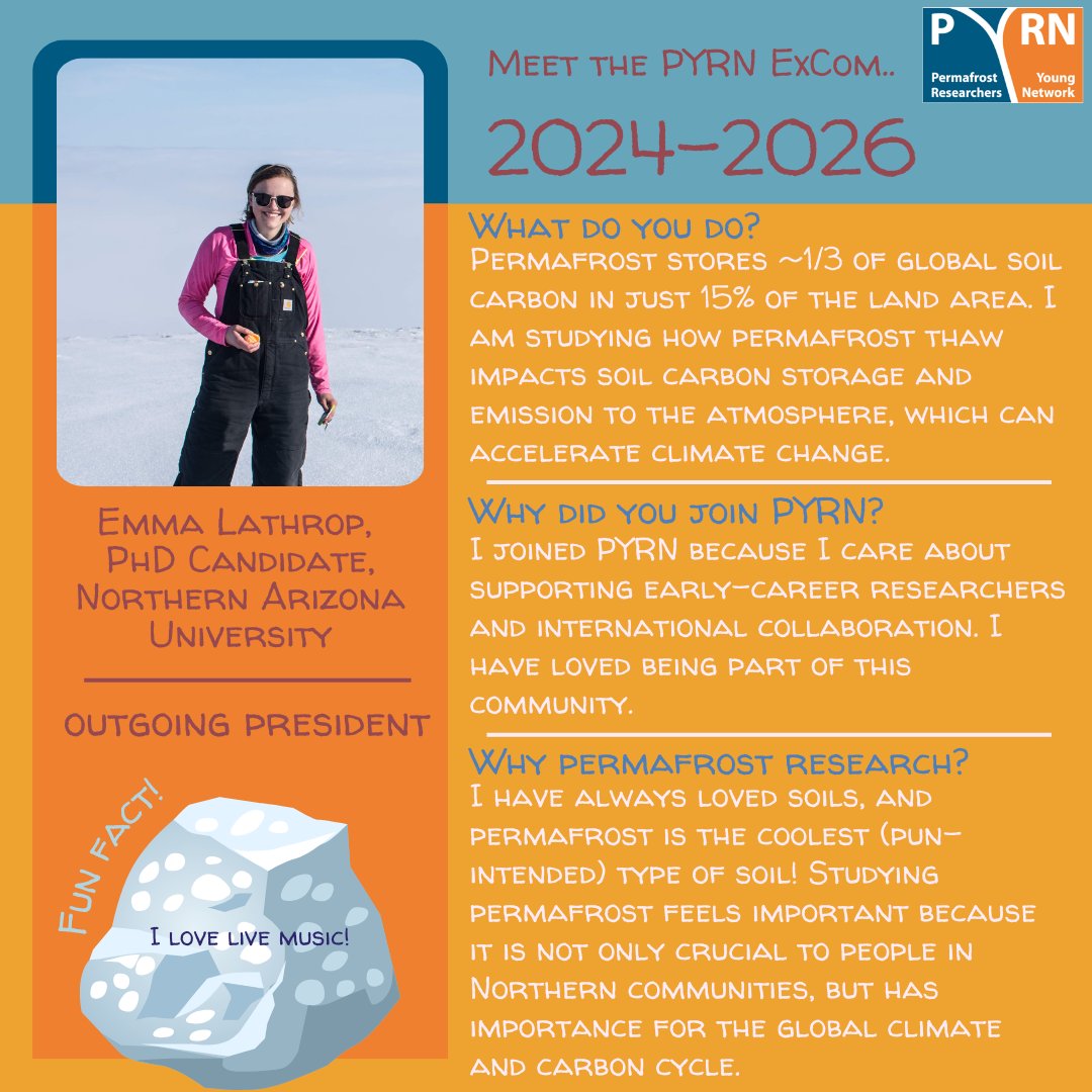 🚨Meet our first 3 PYRN ExCom members for 2024-2026!🚨
Get to know Natalie (President), Saskia (Vice President),  and Emma (Outgoing President). Read about their research, why they joined PYRN, and some fun facts about them!❄️
#PYRNExCom #PermafrostResearch