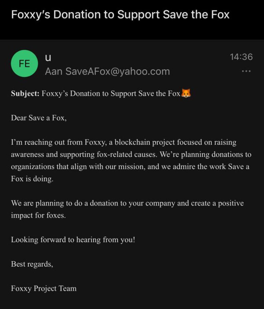 Foxxy ETH (@foxxyeth) on Twitter photo We successfully reached out to save a Fox for a donation for Foxes. First step of many!🦊
#savethefoxes #foxxyeth We successfully reached out to save a Fox for a donation for Foxes. First step of many!🦊
#savethefoxes #foxxyeth