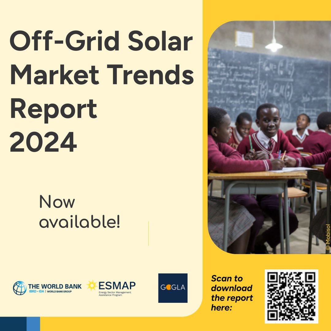 GuangzheChen's tweet image. Excited to share the new #ESMAP &amp;amp; @GOGLAssociation Off-Grid Solar Market Trends 2024 Report. In 2023, #OffGridSolar reached 561M people, with the potential to bring electricity to nearly 400M more by 2030.

I invite you to explore the report: rb.gy/c01vgs