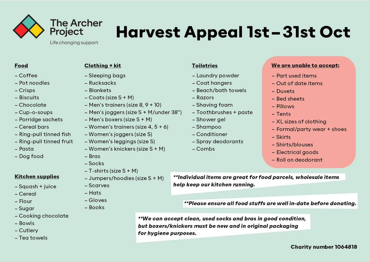 This month, you can help by supporting our Harvest Appeal to stock up on essential items for the year ahead!

One way you could get involved is by setting up a collection point at work for donations, just like <a href="/CostainGroup/">Costain Group</a> have done 😍

Harvest list at: archerproject.org.uk/gifts-in-kind