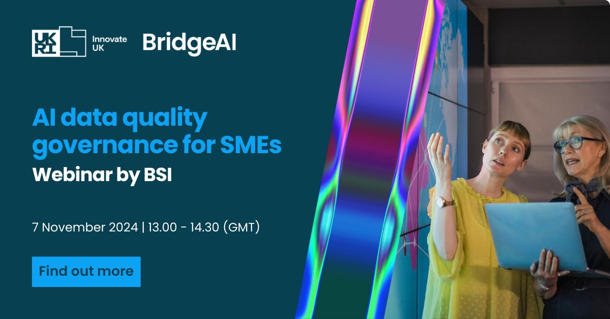 BSI UK (@bsi_uk) on Twitter photo 📢 AI data quality governance for SMEs 
If you develop or adopt #AI for your business, you’re invited to join our webinar on AI #data quality governance. Part of @InnovateUK’s #BridgeAI programme, this webinar is especially beneficial for businesses within the agriculture, 📢 AI data quality governance for SMEs 
If you develop or adopt #AI for your business, you’re invited to join our webinar on AI #data quality governance. Part of @InnovateUK’s #BridgeAI programme, this webinar is especially beneficial for businesses within the agriculture,