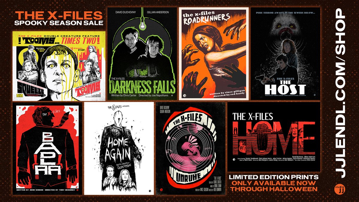 The X-Files Spooky Season Print Sale is now LIVE! Get some of the scariest #TheXFiles episodes as retro posters from now until Halloween.

What's your favorite scariest episode?

jjlendl.com/shop