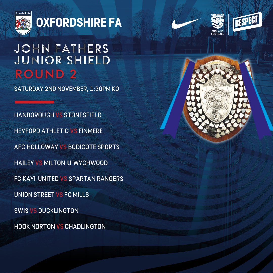 Oxfordshire FA ⚽ (@oxfordshirefa) on Twitter photo 📣 John Fathers Junior Shield 2nd Round Draw 📣
📅 Saturday 2nd November
⏰ 1:30PM KO’s
<a href="/HardwickSfc/">Hardwick SFC</a> look to become the first team to retain the Shield 🛡️ They host <a href="/kabfootballclub/">Kingham All Blacks</a>
Tie of the round has to be <a href="/HanboroughFC/">Hanborough FC</a> Vs <a href="/StonesfieldFC/">Stonesfield FC</a>
Good luck to all teams! ⚽️ 📣 John Fathers Junior Shield 2nd Round Draw 📣
📅 Saturday 2nd November
⏰ 1:30PM KO’s
<a href="/HardwickSfc/">Hardwick SFC</a> look to become the first team to retain the Shield 🛡️ They host <a href="/kabfootballclub/">Kingham All Blacks</a>
Tie of the round has to be <a href="/HanboroughFC/">Hanborough FC</a> Vs <a href="/StonesfieldFC/">Stonesfield FC</a>
Good luck to all teams! ⚽️