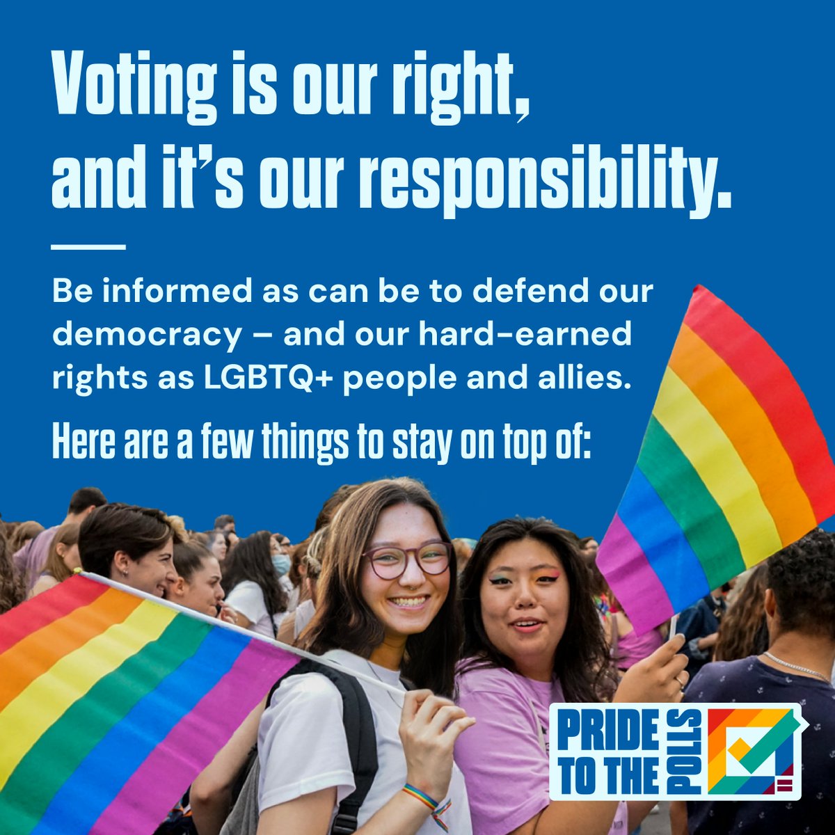 All forms of education are powerful. 🧠

It’s #NationalVoterEducationWeek! We're here to help you learn what you need to ensure your voice and community are heard.

Every vote counts, and we must be prepared to take our #PrideToThePolls! 🌈

Visit PrideToThePolls.com 📖🗳️✅