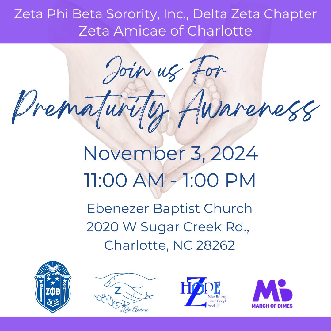 ZetasofCLT's tweet photo. We are excited to invite you to Ebenezer Baptist Church on November 3, 2024, for a special event dedicated to Prematurity Awareness in partnership with the March of Dimes. Together, we can create a brighter future! #ZPAP2024  #marchofdimes #ZetasofCLT #DynamicDZ #90YearsStrong https://t.co/JsbwLU3dbf